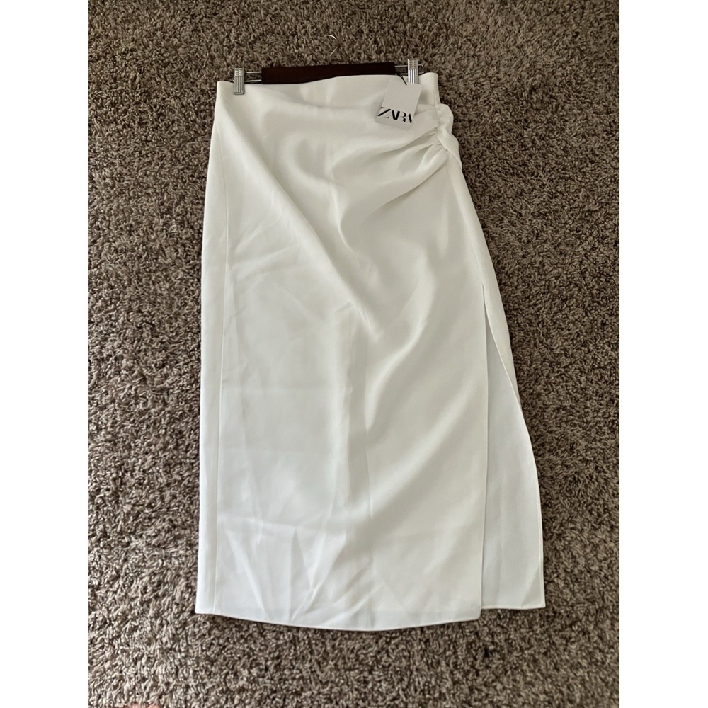 Zara Ruched Midi Skirt With Slit In White Size L NWT